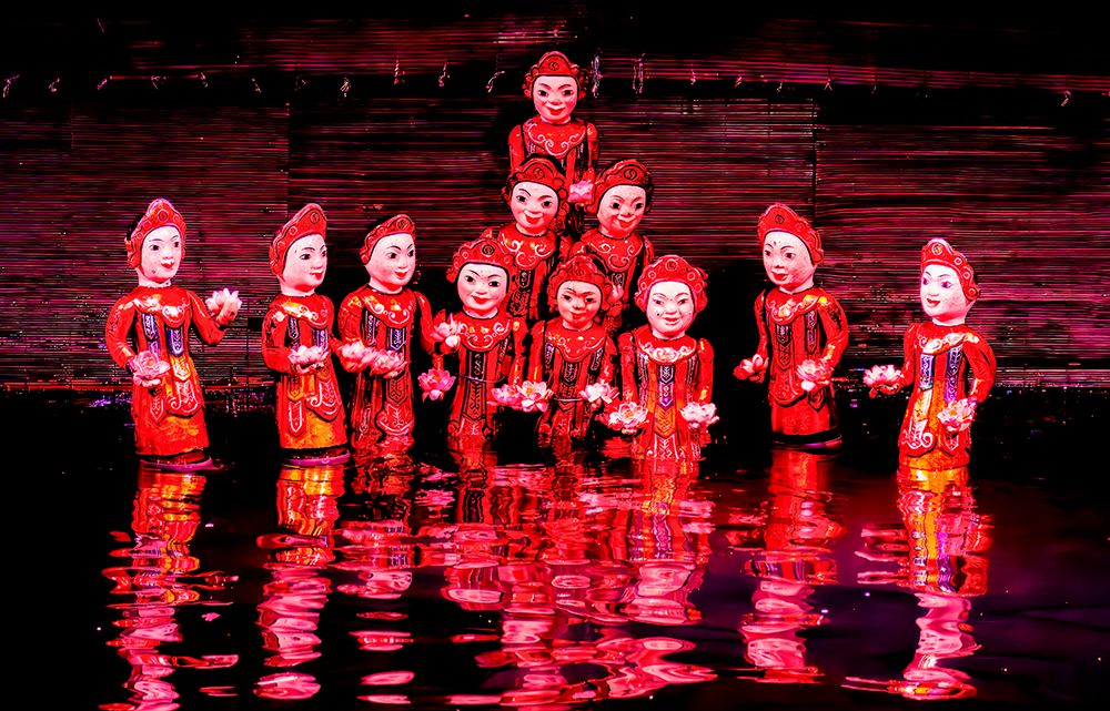 Thang Long Water Puppet Theatre, Hanoi, Vietnam. Portrait of group of water puppets.
